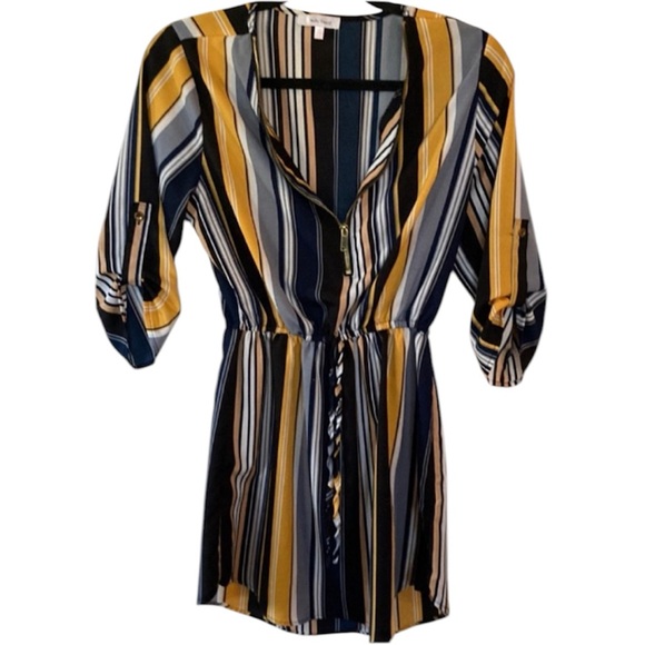 STELLA TWEED💫 Women’s Black/Yellow/White Striped Zipper-Up Long Sleeve Flowing - Picture 1 of 13